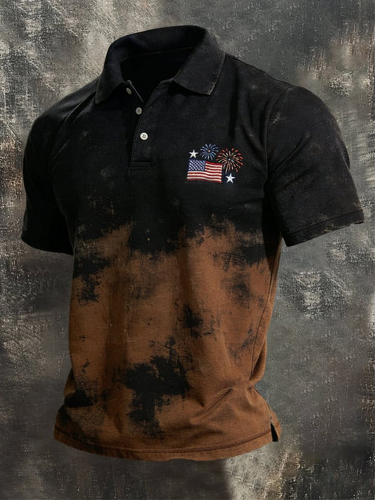Men's Retro Patriotic Color-Block Short-Sleeve Polo Shirt