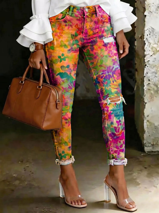 Women's Floral Print Patchwork Art Ripped Skinny Jeans