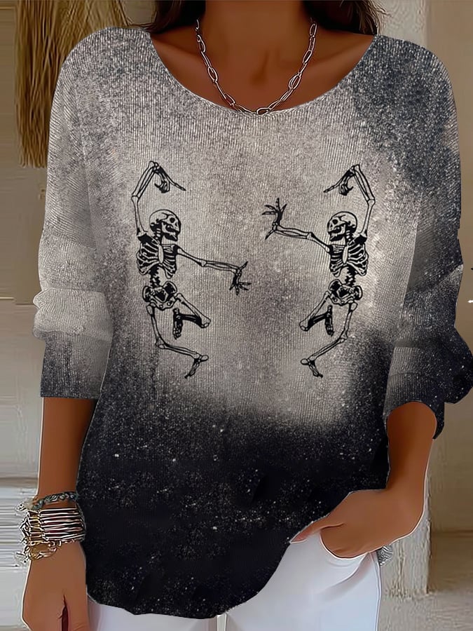 Women's Halloween Skeleton Print Drop Shoulder Sweater