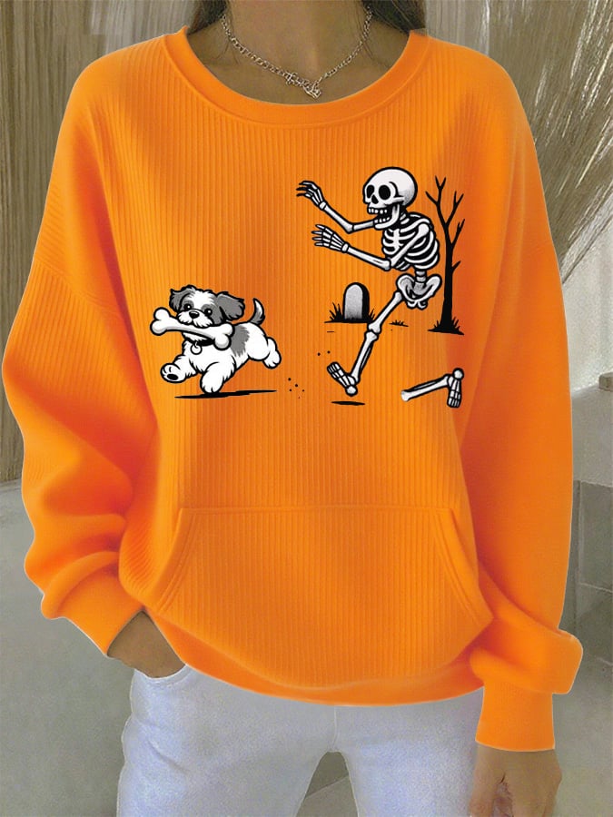 Halloween French Bulldog Skull Fun Print Casual Top