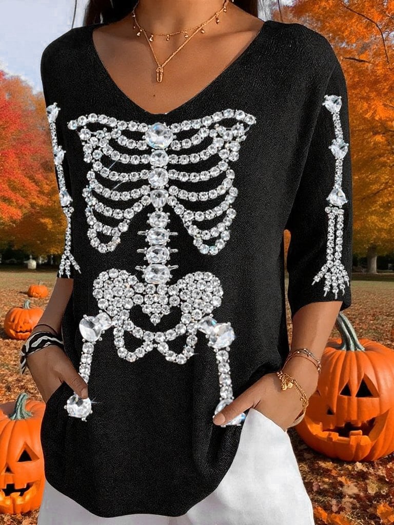 Women's Halloween Fluorescent Diamond Skeleton Print V-Neck T-Shirt