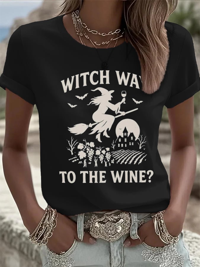 🔥HOT SALE🔥Women's Witch Way To The Wine Print Casual T-shirt