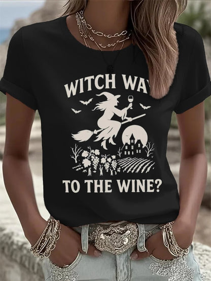 🔥HOT SALE🔥Women's Witch Way To The Wine Print Casual T-shirt