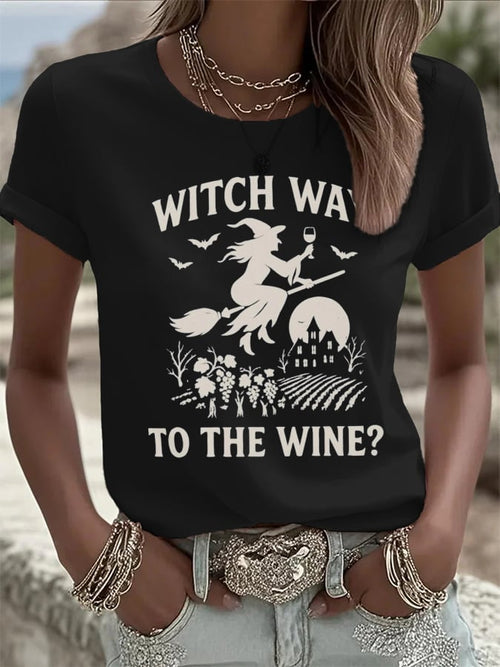 🔥HOT SALE🔥Women's Witch Way To The Wine Print Casual T-shirt