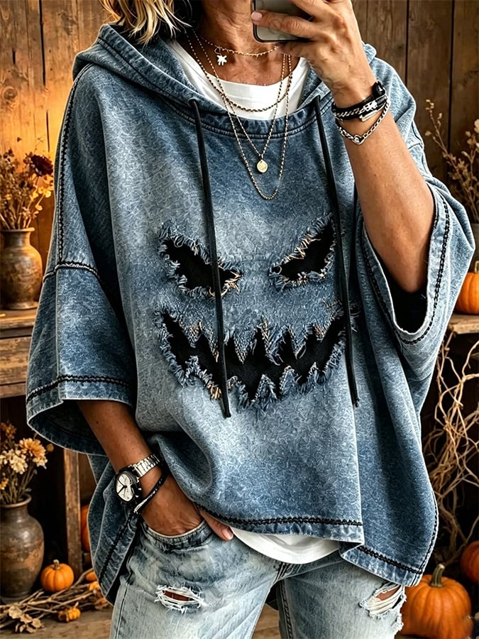 Women's Halloween Scary Pumpkin Face Art Print Hooded Sweatshirt