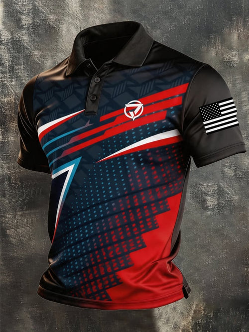 Men's Retro Patriotic Color-Block Short-Sleeve Polo Shirt