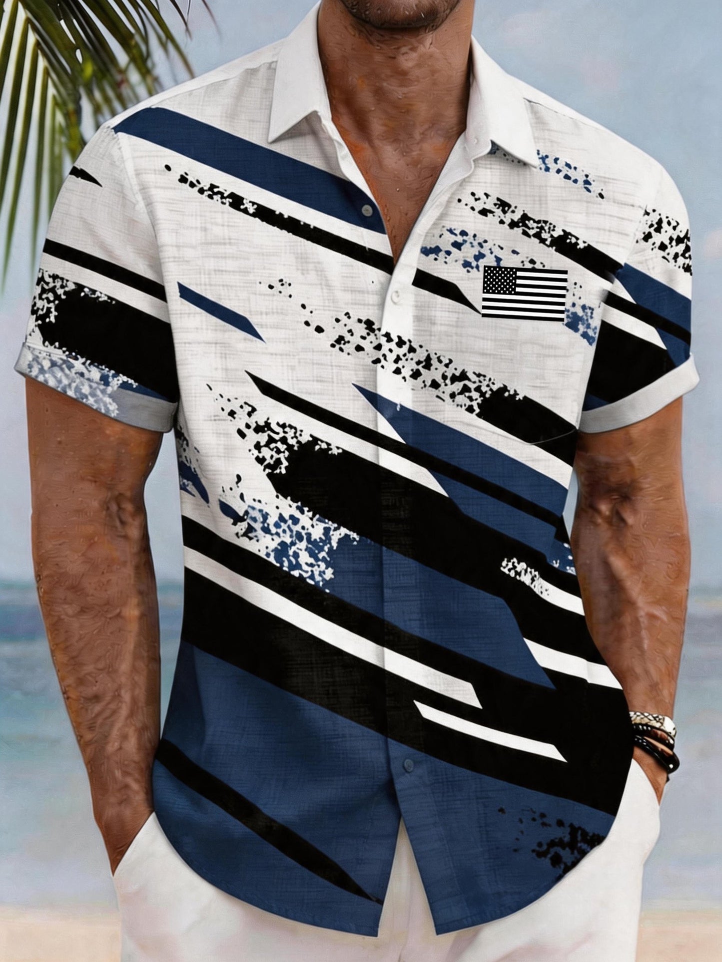 Men's Casual Vacation Patriotic Shirt with Flag Color-Blocking