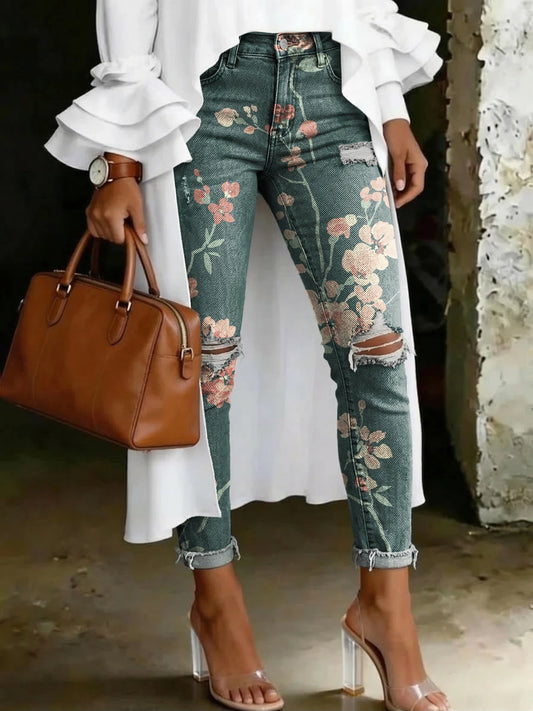 Retro Ethnic Green Floral Art Print Casual Distressed Skinny Jeans