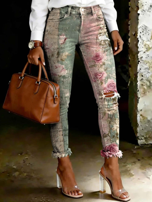 Women's Fashion Vintage Rose Stripes Print Ripped Skinny Jeans
