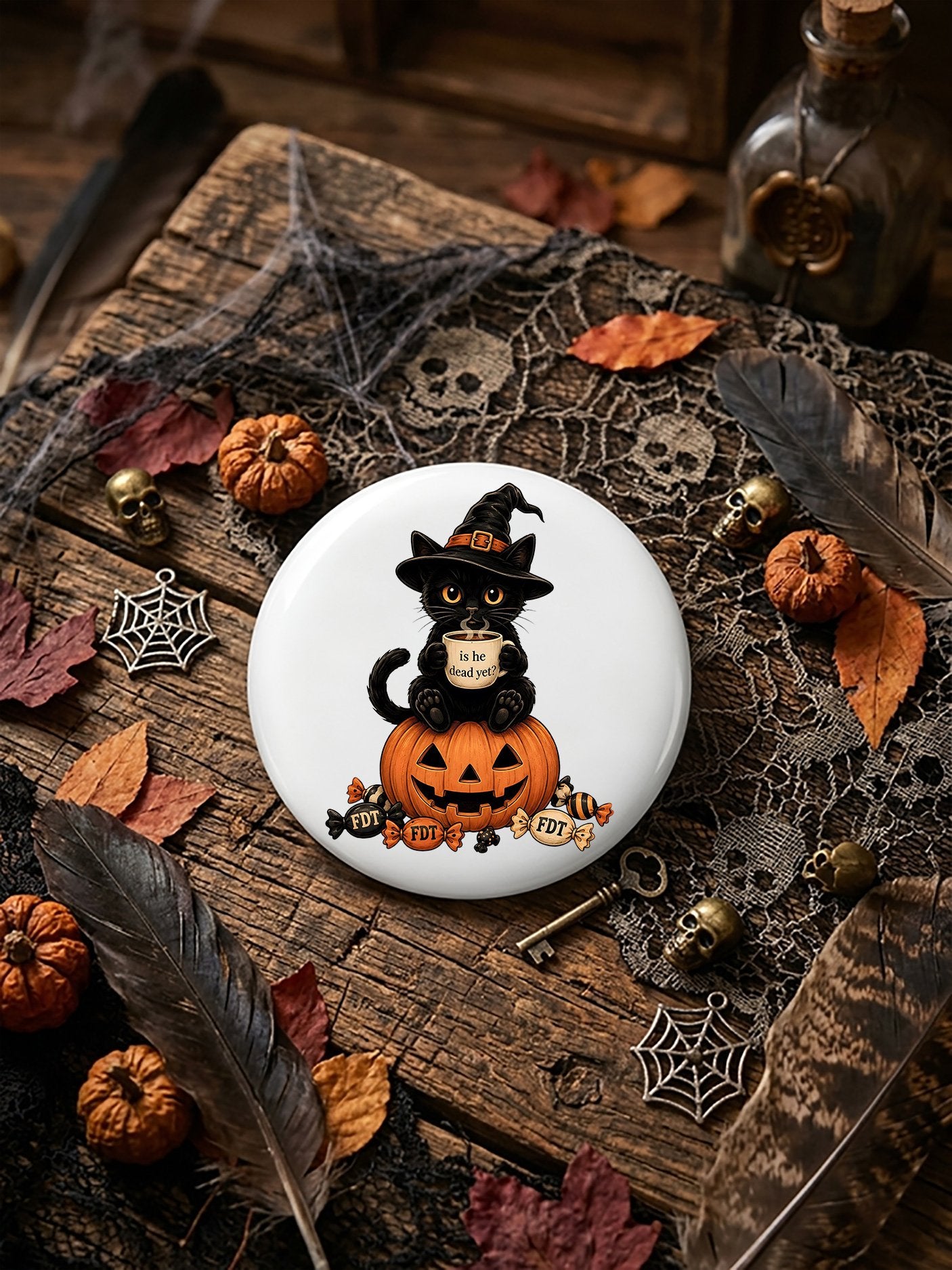 Unisex Retro Halloween Is He Dead Yet Ghost Cat Pin-Back Button