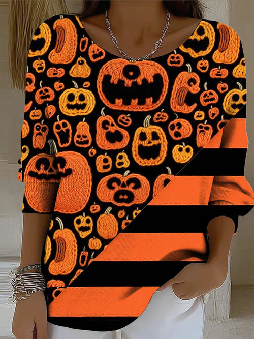 Women's Halloween Pumpkin Face Print Long Top