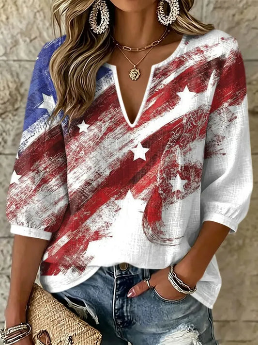 Women'S Retro Independence Day American Flag Printed Five Quarter Sleeve Top