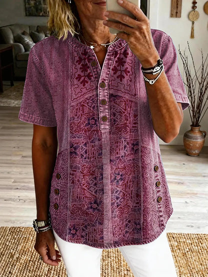 Women's Vintage Ethnic Pattern Art Print Casual Short-sleeve Washed Cotton Denim Shirt