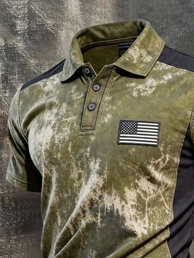 Men's Retro Color-Block Printed Short-Sleeve Polo Shirt