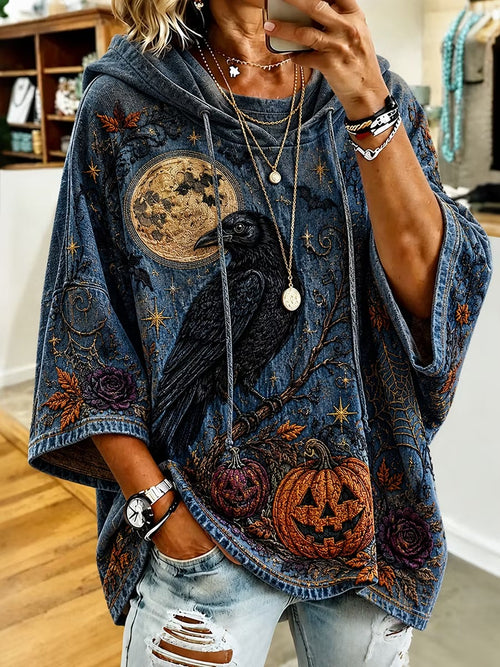Women's Retro Halloween Crow Art Print Casual Hoodie