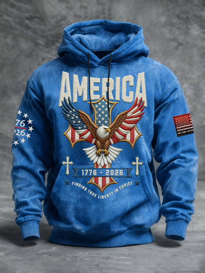Men's Vintage American Flag Print Hooded Sweatshirt