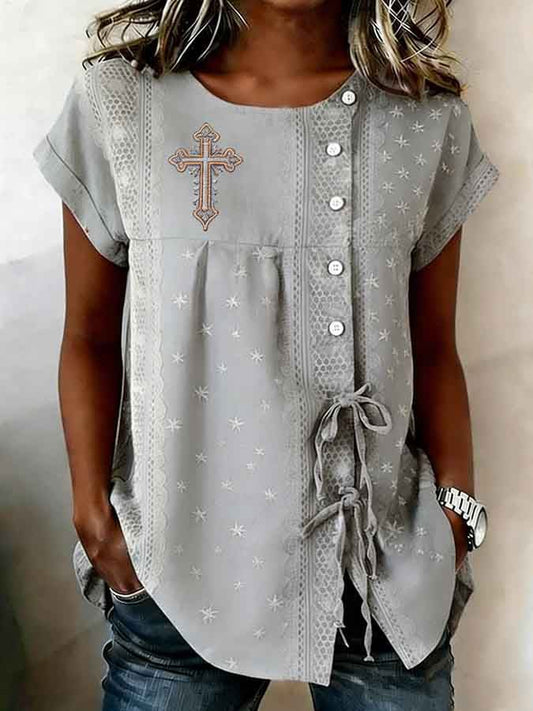 Women's Faith Floral Print Crew Neck Short-Sleeve Tie-Front Top