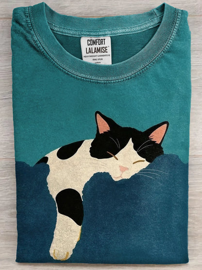 Funny Retro Cute Sleeping Cat Art Print Casual Cotton Short Sleeve T-shirt