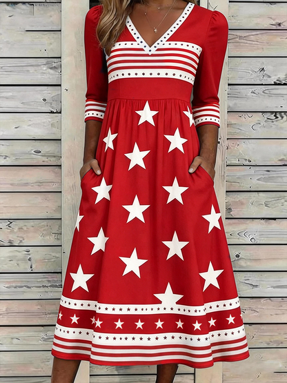 🔥Buy 3 Get 10% Off🔥Women's Retro American Independence Day Printed V-neck Dress