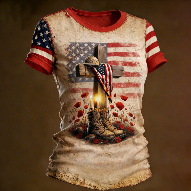 Women's Memorial Day Floral Art Printed T-Shirt