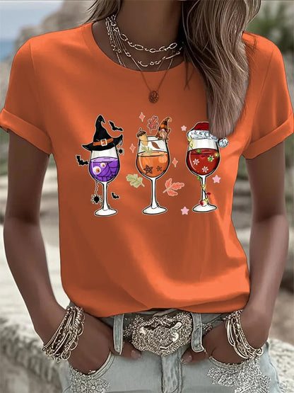 🔥HOT SALE🔥Women's Halloween Wine Glass Print Casual T-shirt