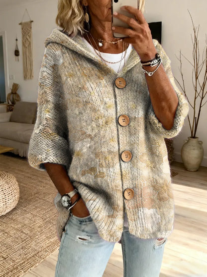 Ethnicity Colorful Flowers Women's Art Print Casual Hooded Cardigan Sweater