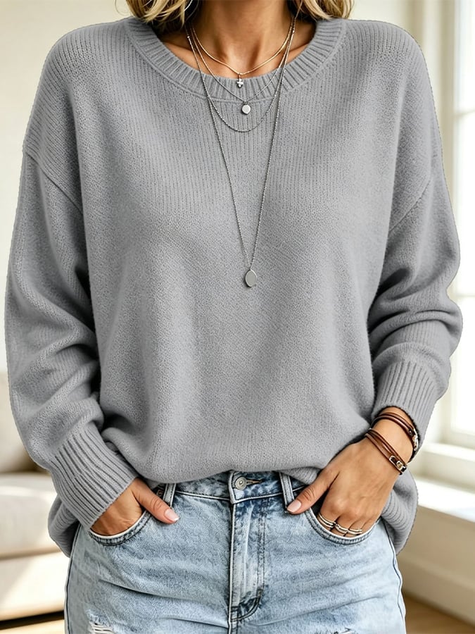 Women's Solid-Color Long-Sleeve Crew-Neck Knit Sweater