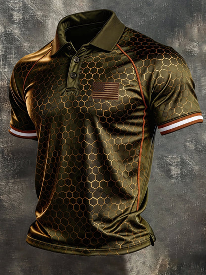 Men's Retro Patriotic Color-Block Short-Sleeve Polo Shirt