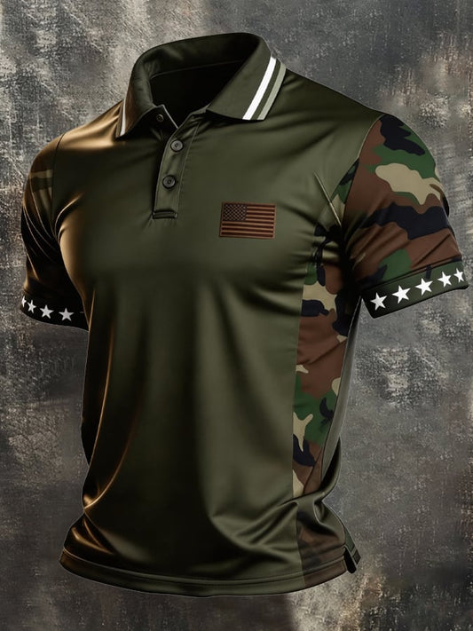 Men's Retro Patriotic Color-Block Short-Sleeve Polo Shirt