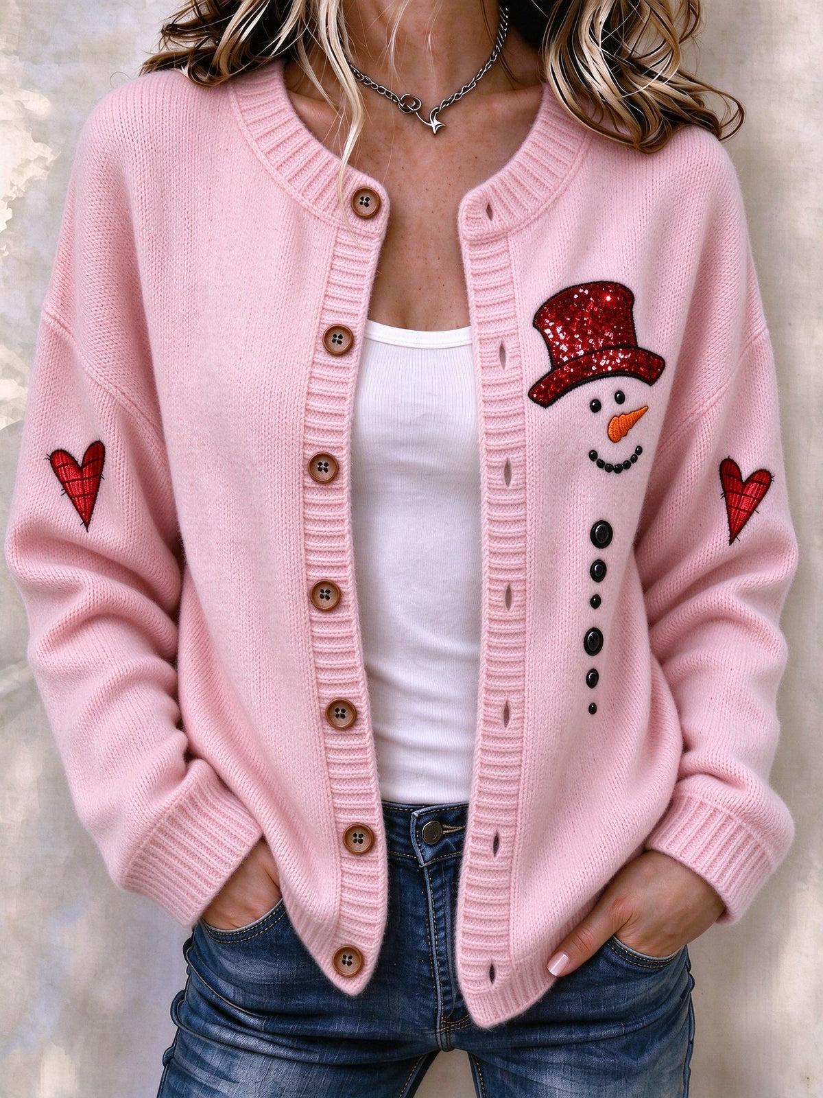 Women's Christmas Snowman Print Knit Cardigan