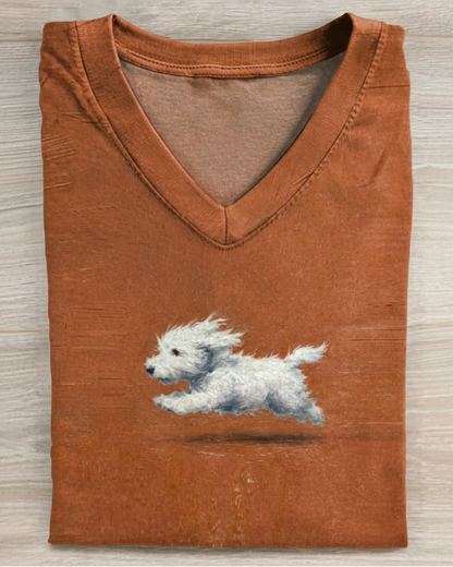 Funny Retro Cute Running White Dog Art Print V-neck Casual T-shirt