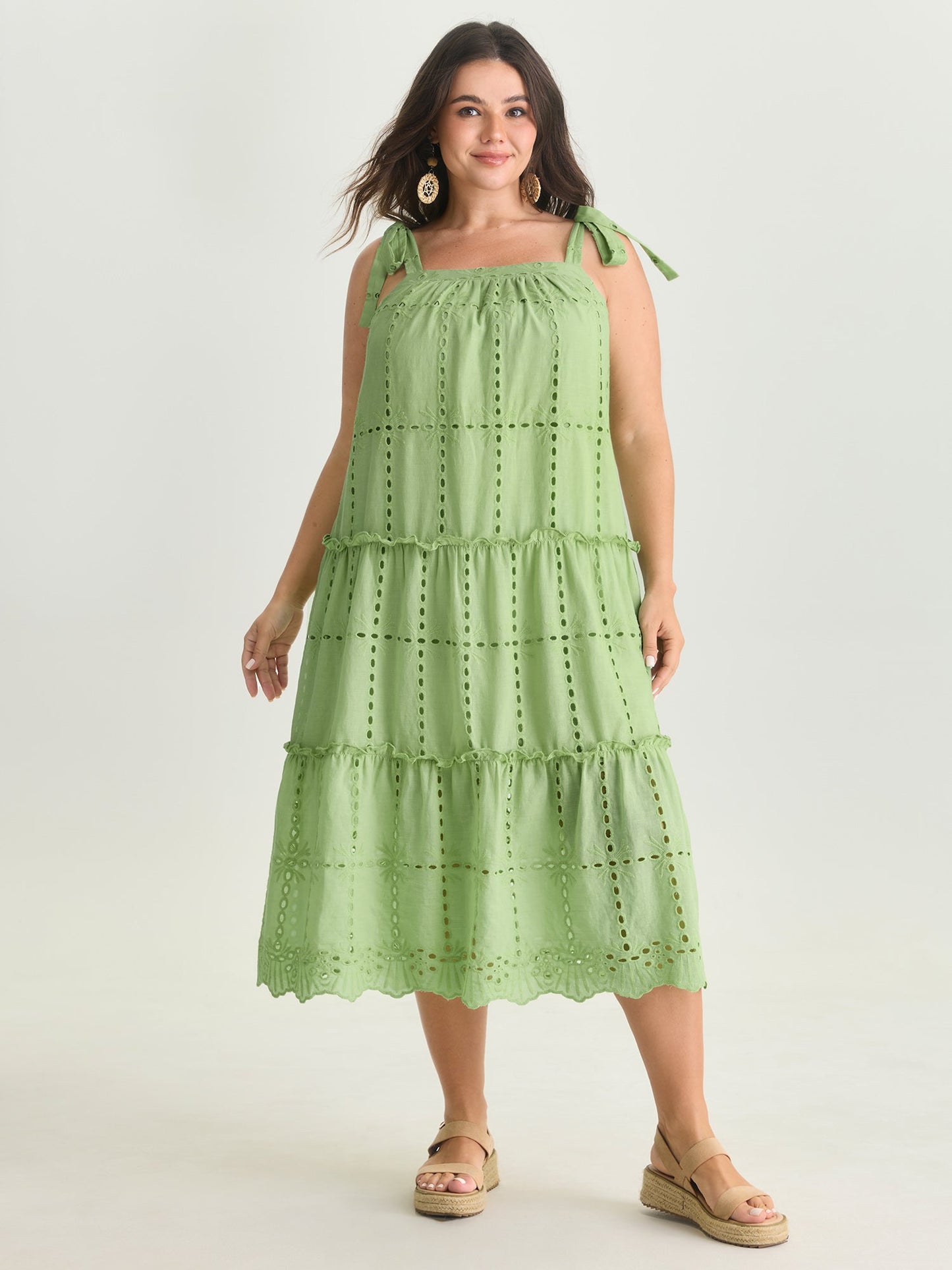 Cut Out Textured Shoulder Ties Midi Dress