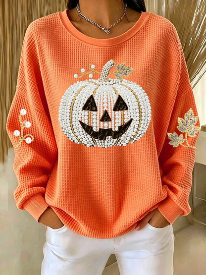 Women'S Pumpkin Print Waffle Sweatshirt