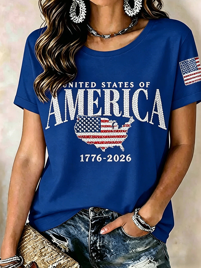 Women'S Anniversary Flag Hot Diamond Printed Casual T-Shirt