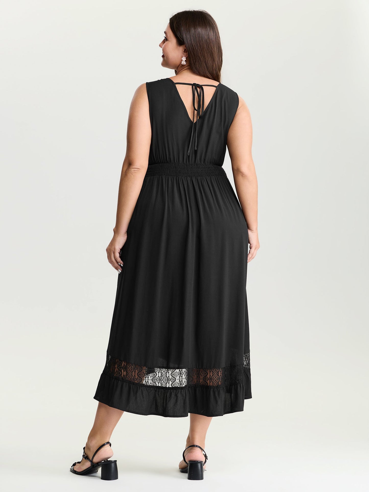 Lace Shirred Waist High Low Hem Midi Dress