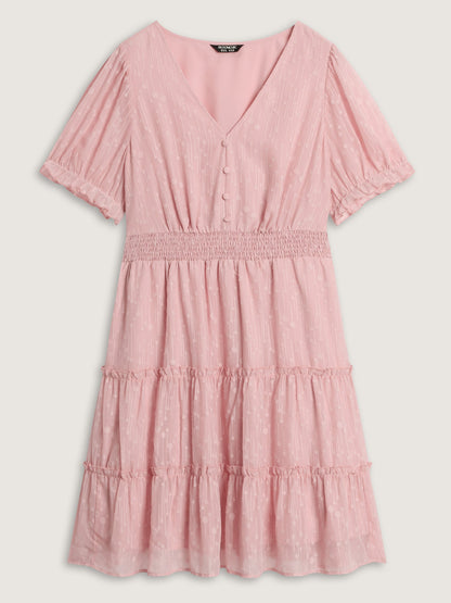 Polka Dots Shirred Cuff Sleeve Tiered Mini Dress