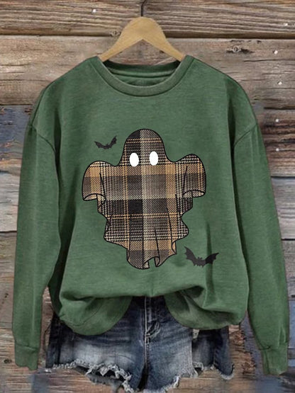 🔥Buy 2 Get 10% Off🔥Retro Halloween Ghost & Bats Flannel Plaid Print Sweatshirt