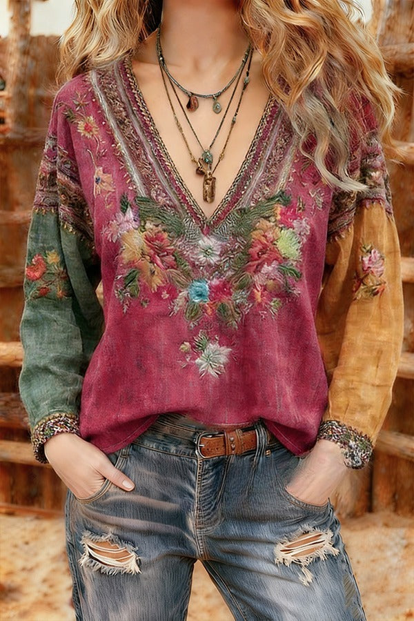 Boho Flower Print V-Neck Long Sleeve Top
