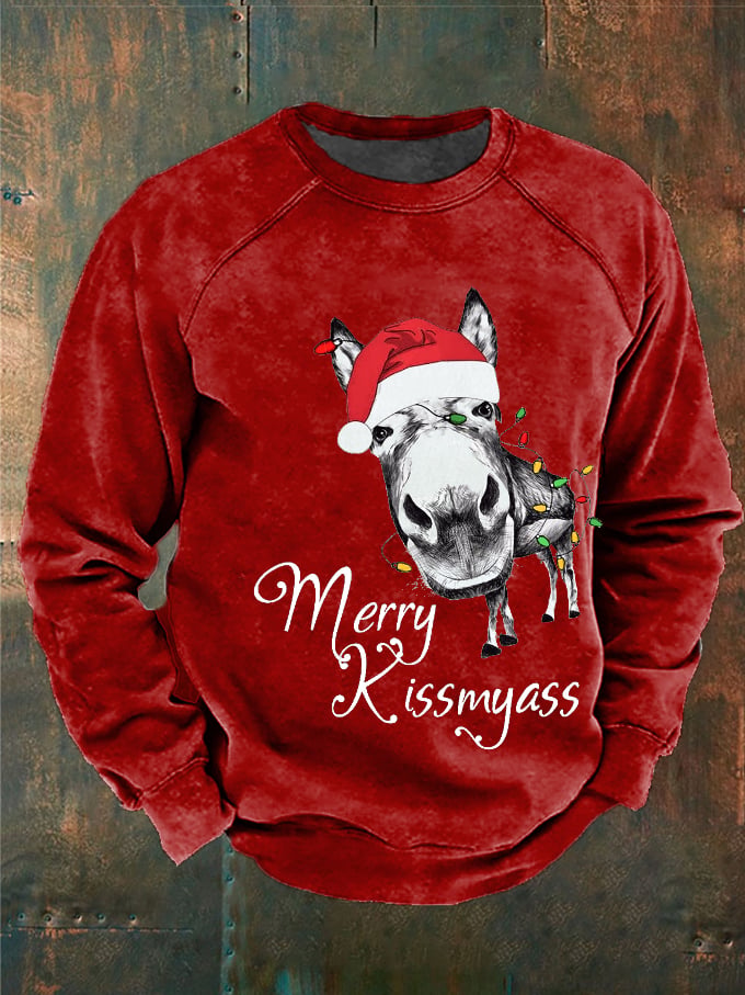 Men's Funny Merry Christmas Merry Kiss My Ass Donkey Printed Sweatshirt