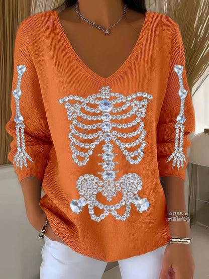 Women's Halloween Diamond Skeleton Print V-Neck T-Shirt