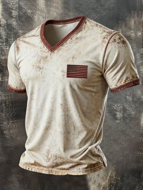 Men's Retro Patriotic Color-Block V-Neck Short-Sleeve T-Shirt