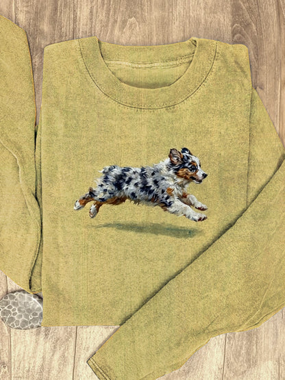 Funny Retro Cute Running Dog Art Print Casaul Cotton Long Sleeve Shirt