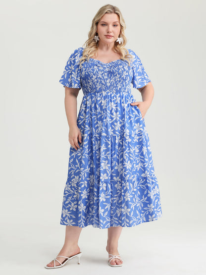 Silhouette Flower Print Shirred Pockets Midi Dress