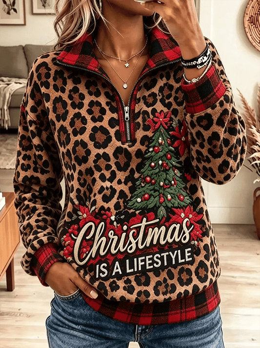 Women'S Christmas Print And Leopard Patchwork Sweatshirt