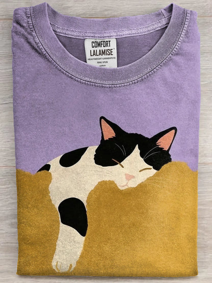 Funny Retro Cute Sleeping Cat Art Print Casual Cotton Short Sleeve T-shirt