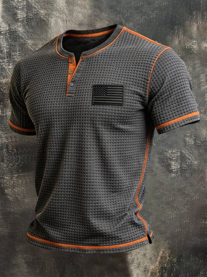 Men's Retro Color-block Waffle-Knit Henley T-Shirt