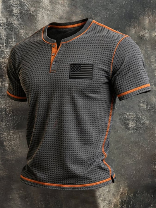 Men's Retro Color-block Waffle-Knit Henley T-Shirt