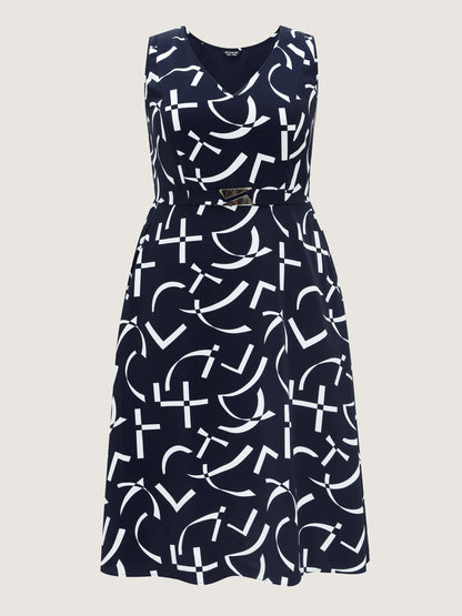 Geometric Print Metallic Detail Midi Dress