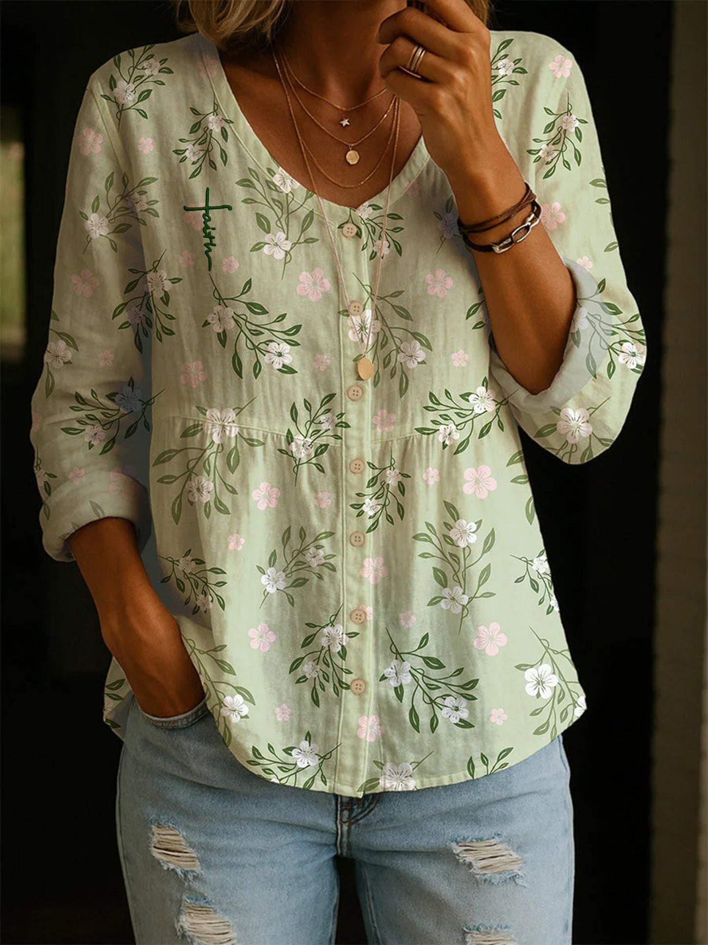Women's Retro Floral Print Crew Neck Top