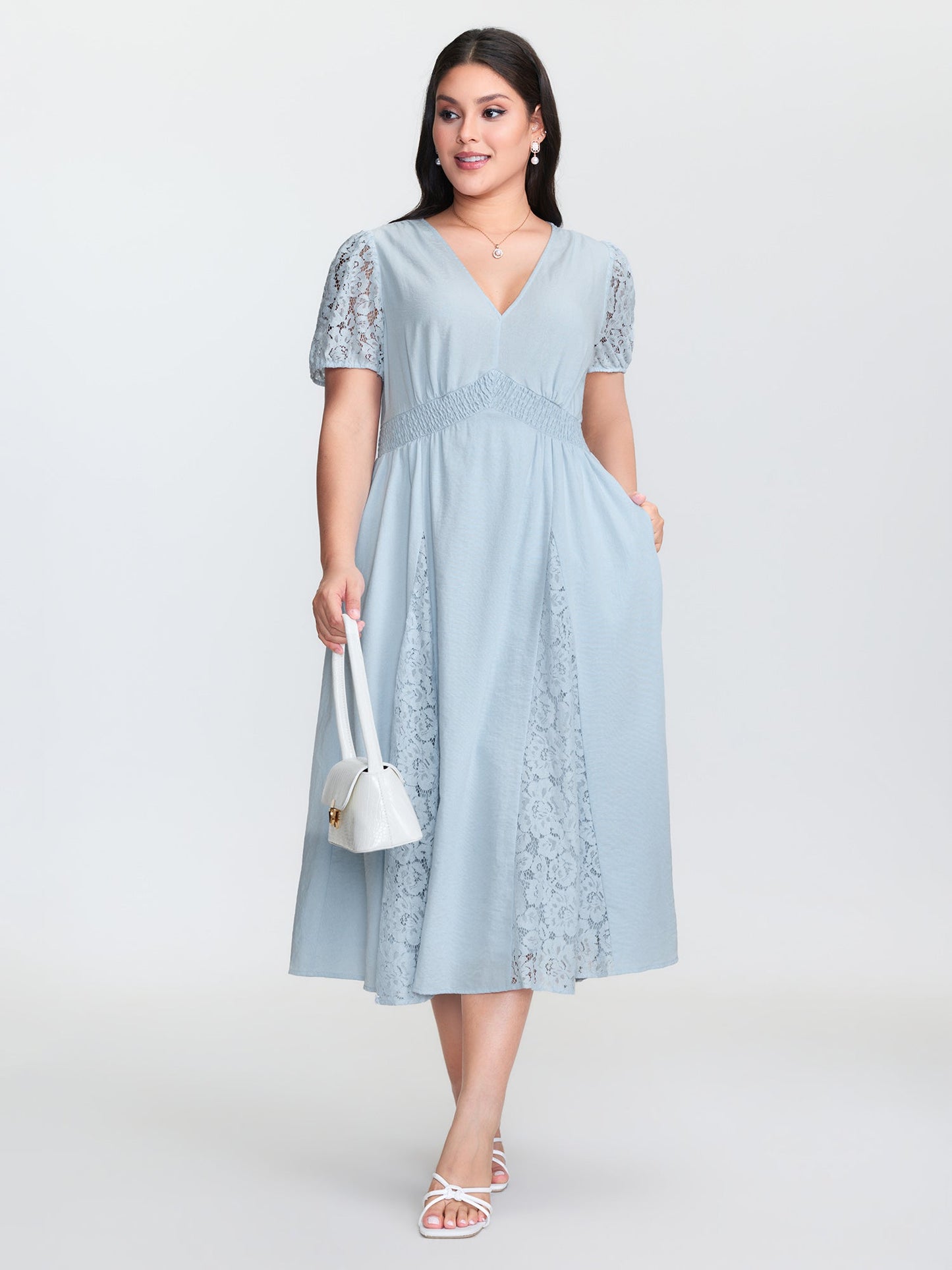 Lace Panels Shirred Waist Midi Dress